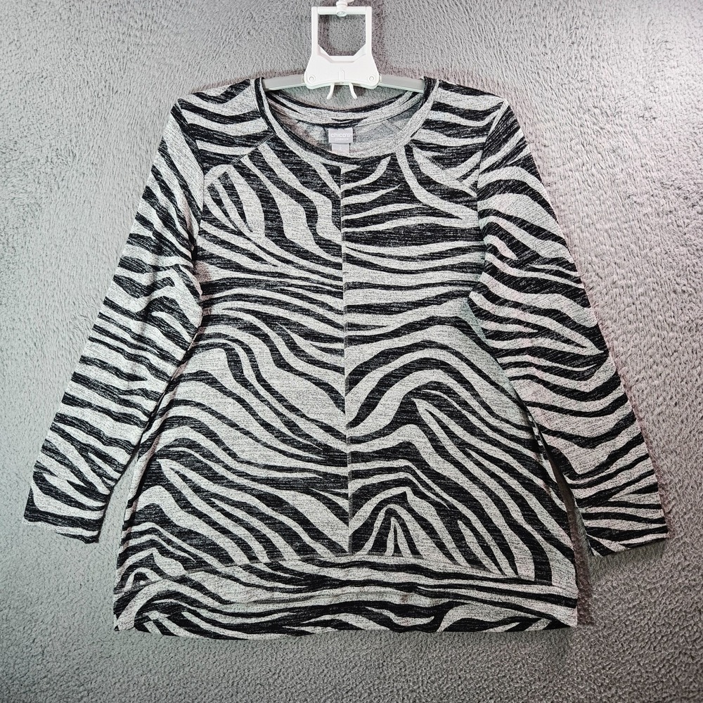Chico's Tunic Top Blouse Women Size 2 US 12 14 Stretch Gray Black Pattern